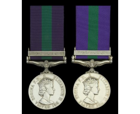 General Service 1918-62, 1 clasp, Cyprus (2) (22939900 Cfn D L Martin REME; 23254262 Cfn. J. K. Scanlan. R.E.M.E.) both in na