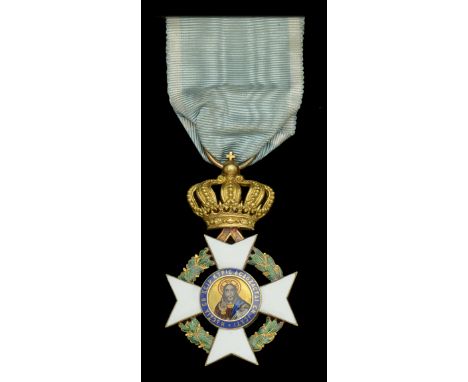 Greece, Kingdom, Order of the Redeemer, Knight’s breast badge, gold and enamel, unmarked, in le Maitre, Paris, fitted case of