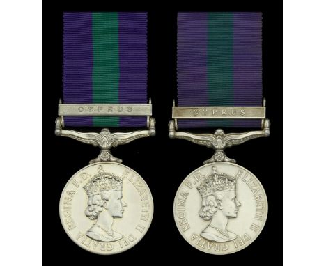 General Service 1918-62, 1 clasp, Cyprus (2) (2/Lt. L. A. Mitchell. R.E.M.E.; 22201511 Cfn. K. Gwalchmai. R.E.M.E.) both in n