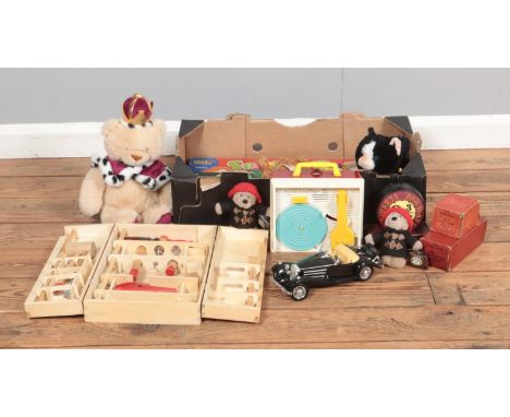 A box of assorted toys and games, to include Fisher Price record player, two boxed pieces of Hornby, soft bear, miniature Pad