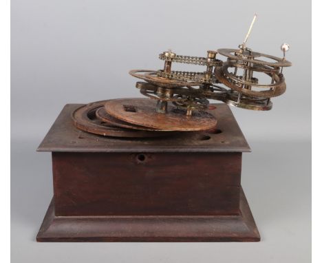 A brass cogged model Orrery, with Labores Solis and Labores Lunae labels. Mounted on Thorens record player base.  Will need a