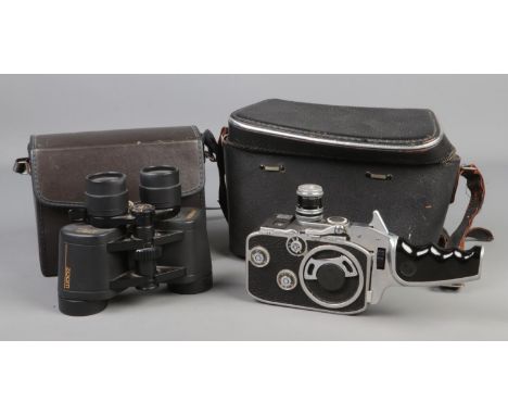 A vintage Bolex Paillard super eight film camera with case model B8 together with a pair of Minolta binoculars.  