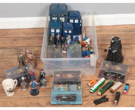 A box of collectable toys and items. Includes Doctor Who, Marvel &amp; DC, Thomas The Tank Engine railway, etc.  