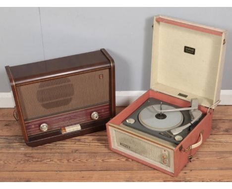 A vintage Philips MK 40063 radio along with a A Dansette Bermuda portable record player with Monarch turntable.  