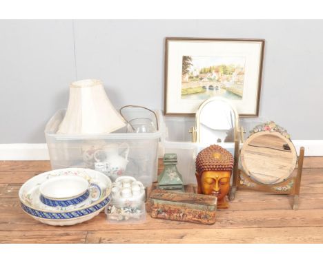 Two boxes of assorted items, to include a small amount of Wade Whimsies, table lamp, dressing table mirror and ceramic eggcup