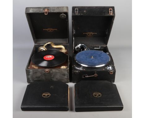 Two Columbia Grafonola picnic gramophones, including No. 201 example, both for repair. Together with a collection of 78 recor