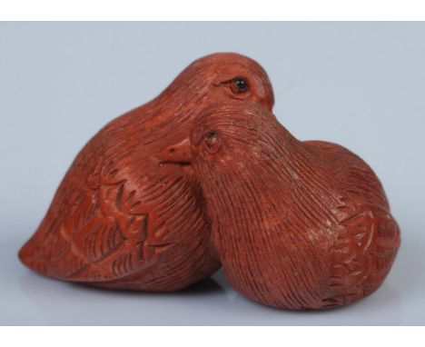 A Japanese carved Netsuke in the form of two sweet birds  
