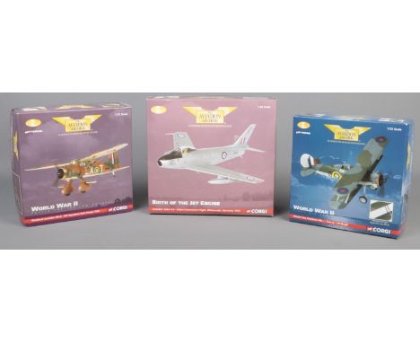 Three boxed limited edition Corgi The Aviation Archive military model aircrafts. Includes World War II Fleet Air Arm, Gloster