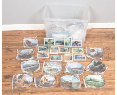 A box containing a large quantity of railway and steam engine cabinet plates and tiles. Includes mostly Davenport Pottery Co 