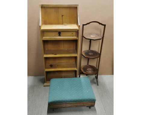 A small pine shelf with a folding mahogany octagonal cake stand and an adjustable oak footstool on castors, shelf 106 x 51 x 