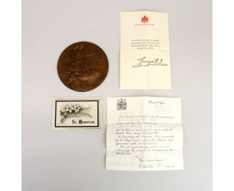 A WWI bronze death plaque for William Stanley with associated papers.