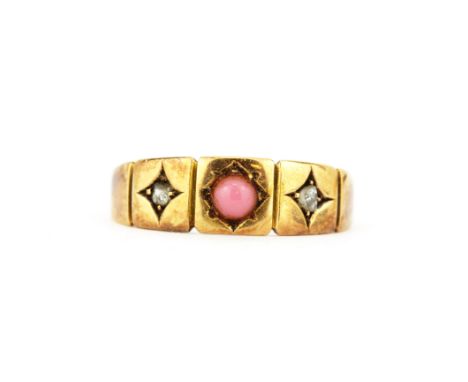 A hallmarked 15ct yellow gold coral and diamond set ring, (L.5).