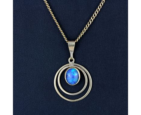 A 9ct yellow gold opal set pedant on a 9ct gold chain, L. 44cm, gross weight approx. 9.2gr.&nbsp;