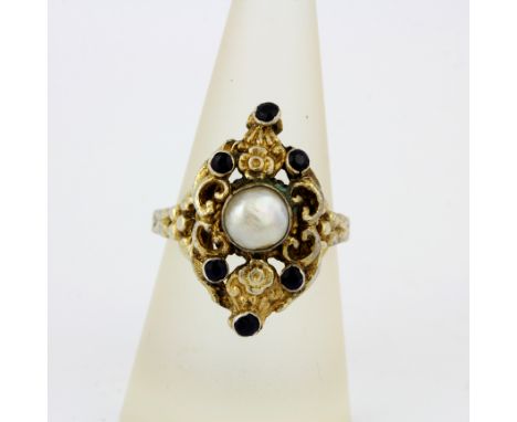 A French hallmarked antique yellow metal ring set with a baroque pearl and sapphires, (Q).