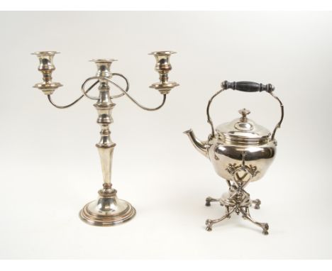 SILVER PLATED THREE-LIGHT CANDELABRUM, 39cm H and a silver plated kettle on stand, 34cm H overall. (2)