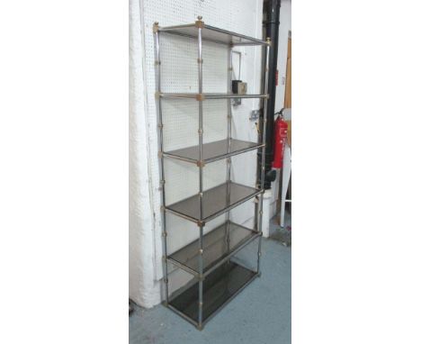 TALL OPEN DISPLAY SHELVES, six tier, enclosing glass shelves, 78.5cm W x 179.5cm H x 32.5cm D. (chip to one glass shelf)