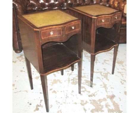 BEDSIDE TABLES, a pair, mahogany and serpentine fronted with a light green and gold tooled leather top and two short drawers 