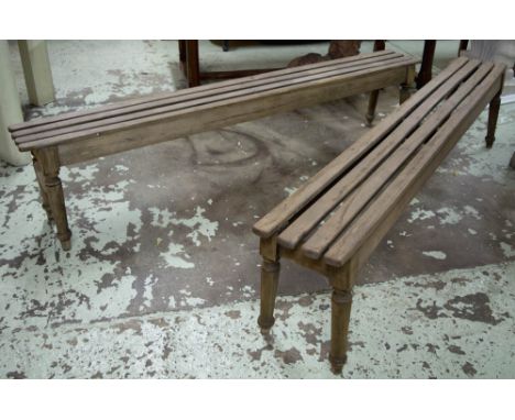 BENCHES, a pair, vintage slatted ash each rectangular with turned supports, 199cm x 45cm H x 26cm D. (2)