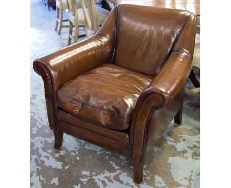 CLUB ARMCHAIRS, a pair, hand finished vintage leaf brown leather upholstered each with scroll arms and square section support