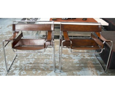 WASSILY ARMCHAIRS, a pair, vintage hand finished leaf brown leather on tubular chrome supports, 79cm W. (2)