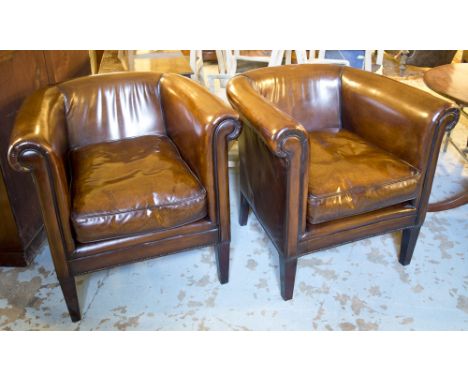 TUB ARMCHAIRS, a pair, vintage style in conker brown hide leather each with rounded back and arms, 77cm. (2)