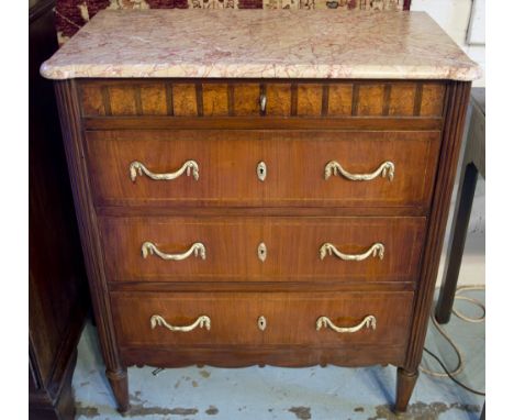 COMMODE, Louis XVI style mahogany, satinwood, burr and rosewood inlay with secret frieze drawer, three long drawers and varie