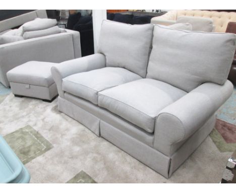 SOFA, two seater, with light oatmeal upholstery, 170cm L and a footstool with a rising top enclosing space for storage, 67cm 