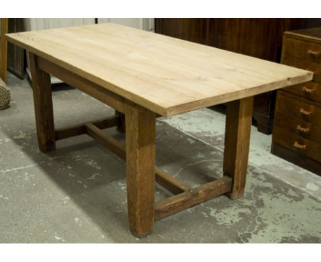 FARMHOUSE TABLE, vintage pine rectangular thick planked with stretchered base, 183cm x 83cm x 75cm H.