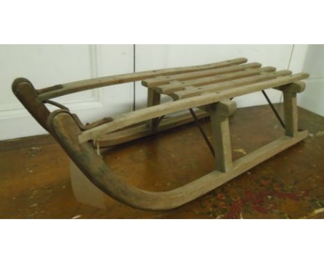 TOBOGGAN, vintage beech and iron, marked 'Davos', 27cm H x 35cm W x 83cm L.