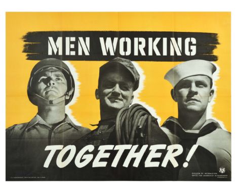 Original vintage World War Two poster - Men Working Together! - featuring a US Army soldier and Navy sailor in military unifo