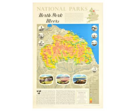 Original vintage travel poster National Parks North York Moors, featuring a map of the area, with images showing fishing, cyc