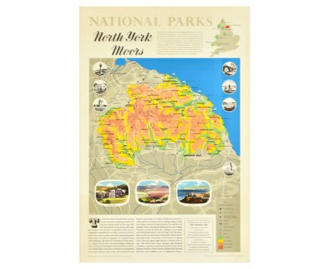 Original vintage travel poster National Parks North York Moors, featuring a map of the area, with images showing fishing, cyc