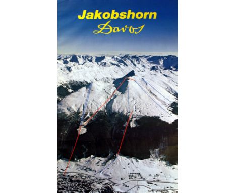 Original vintage sport poster showing the ski resort at Jakobshorn, Davos. Photo Swiss Air, printed by Fretz AG Zurich. Good 