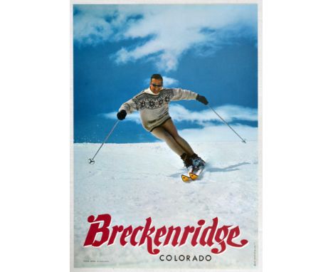 Original vintage ski travel poster for Breckenridge Colorado featuring a great image of a man in a patterned woollen jumper a