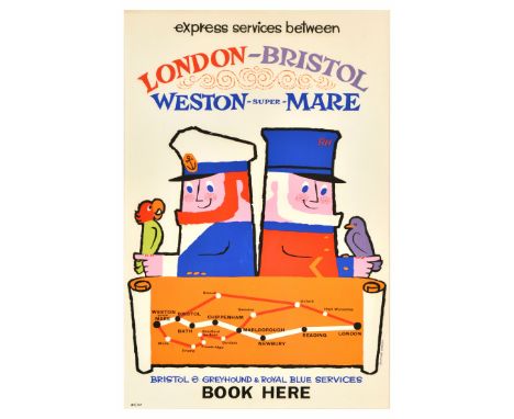 Original vintage travel advertising poster for express services between London - Bristol - Weston-Super-Mare by Greyhound &am