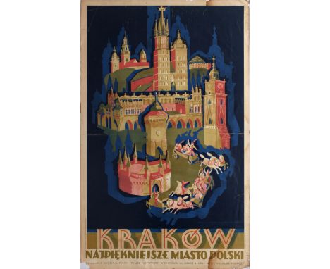Original vintage travel poster for Krakow Poland's Most Beautiful City / Krakow Najpiekniejsze miasto Polski, featuring a gre