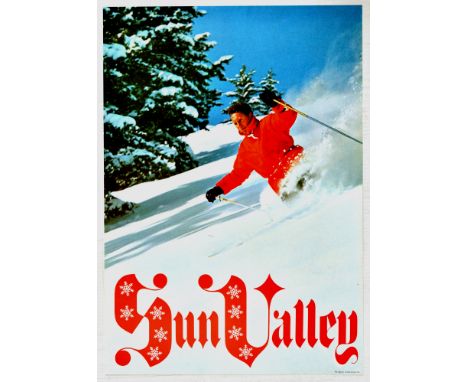 Original vintage ski poster for Sun Valley ski resort dynamic image depicts Sigfried 'Sigi' Engl, an Austrian who became dire