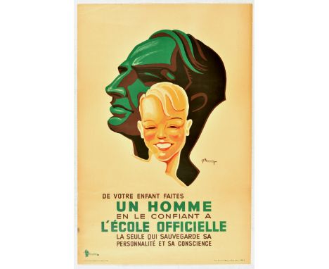 Original vintage propagand poster promoting public schools.  Strong Art Deco image of a smiling child with a profile of a ste