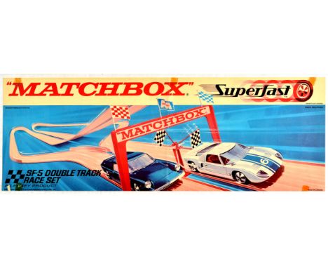 Original vintage advertising poster for Matchbox Superfast, a double track race set toy. Matchbox is a popular British toy br