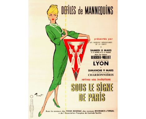 Original vintage advertising poster in French for a fashion catwalk event in Lyon on 8, 9 March at the Salons Berrier-Milliet