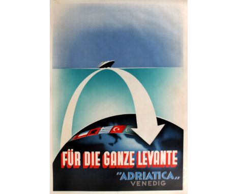 Original vintage travel advertising poster: fur die ganze levante Adriatica Venedig. Great Art Deco image featuring an arrow 