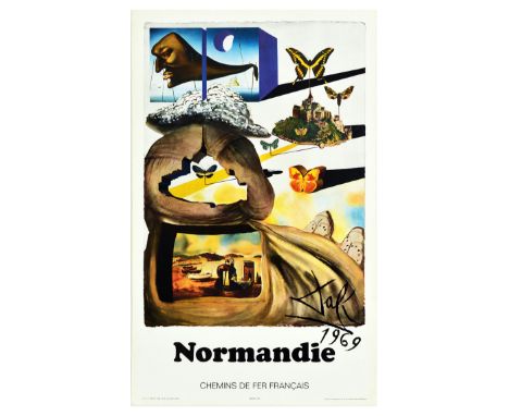 Original vintage travel poster advertising Normandy featuring iconic butterflies and buildings with boats on a sandy beach an