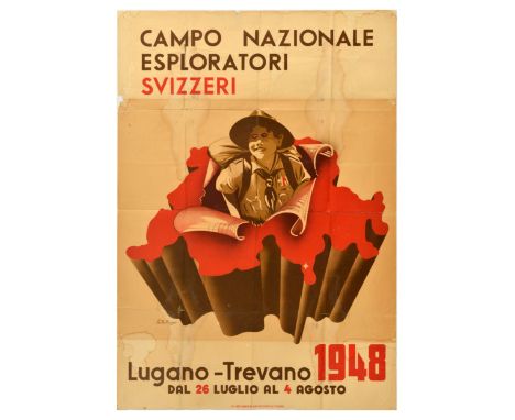 Original vintage advertising poster for National Swiss Explorers Camp / Campo Nazionale Esploratori Svizzeri in Lugano Trevan