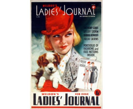 Original vintage poster - Weldon's February issue, Ladies' Journal 1939. Great image of an elegant lady in a red hat holding 