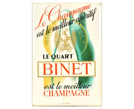 Original vintage advertising poster sign for Le Quart Binet champagne featuring an illustration of a champagne bottle with an