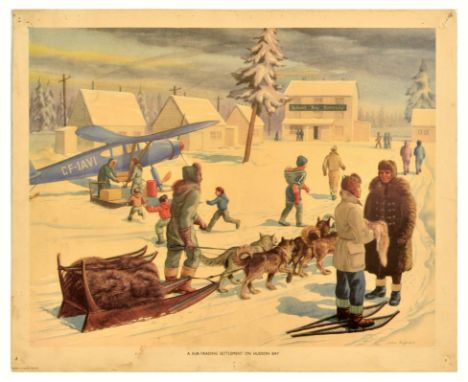 Set of 2 original vintage educational posters from the Macmillan's Geography Pictures series. 1. A fur-trading settlement on 