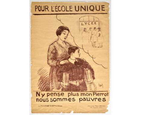 Original vintage poster For The Unique School - Don't think about it anymore my Pierrot, we are poor / Pour L'Ecole Unique - 