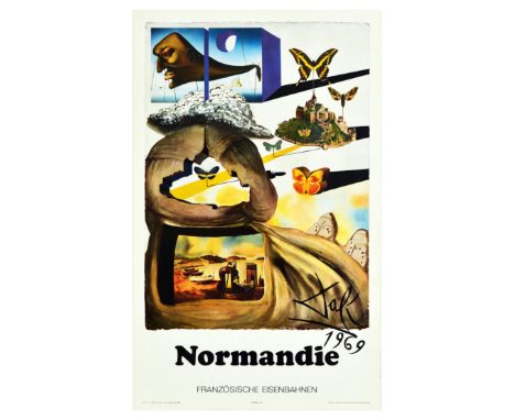 Original vintage travel poster advertising Normandy featuring iconic butterflies and buildings with boats on a sandy beach an