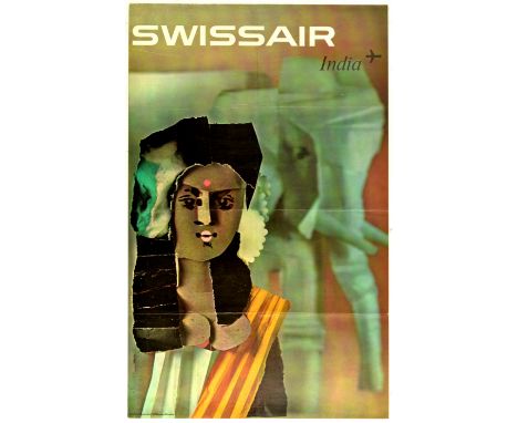Original vintage travel poster issued by the Swiss airline Swissair to promote India as a desctination.  Photomontage image o