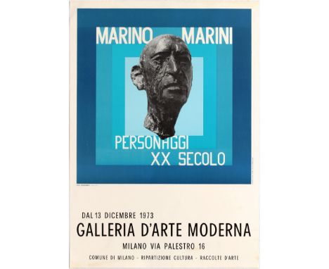 Set of 9 original vintage art exhibition adverising posters. 1. Marino Marini XX Century's Characters held in the Galleria d'